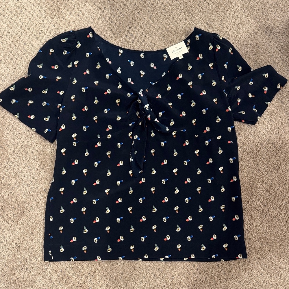 Sezane Navy Floral Tie-Front Short Sleeve Blouse